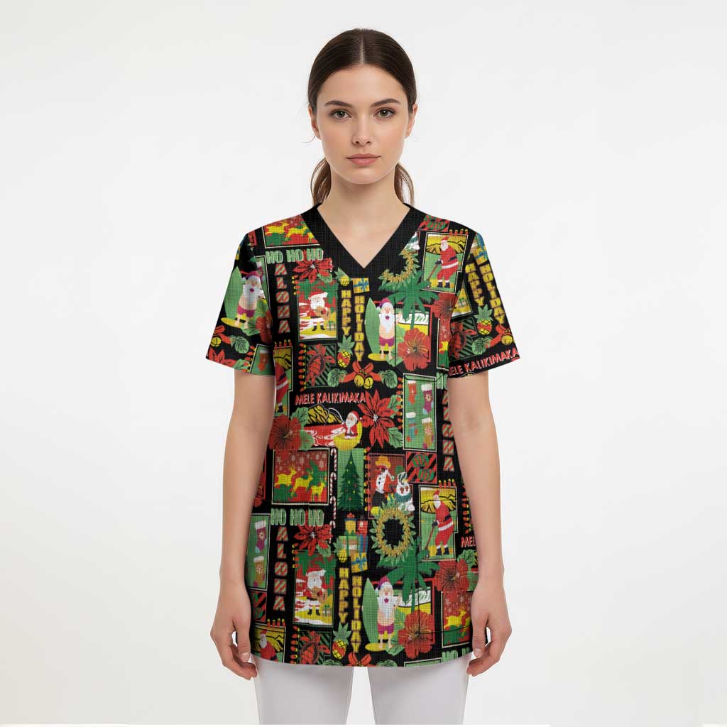 Hawaiian Santa Christmas Pattern Scrub Top Black Version - Wonder Print Shop