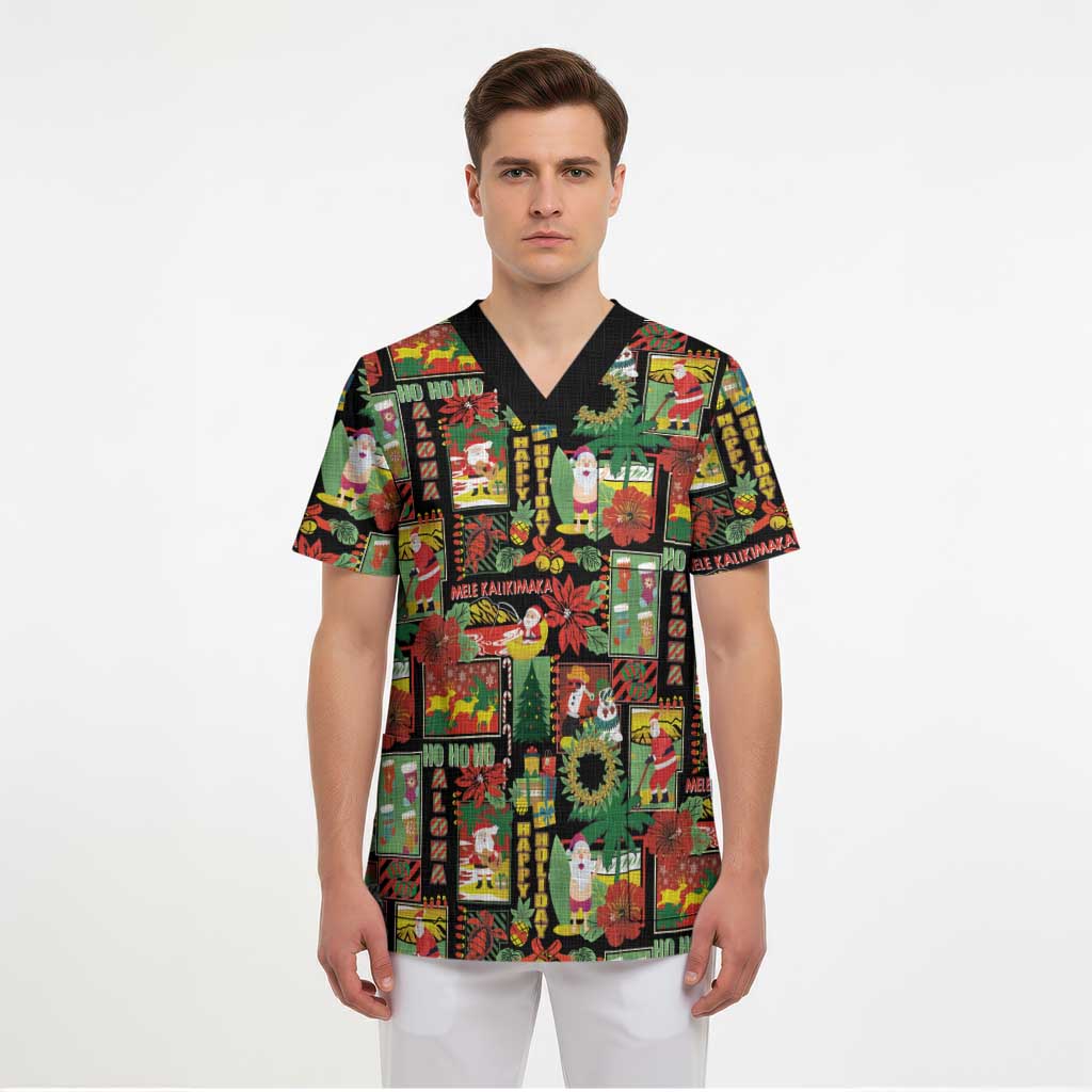 Hawaiian Santa Christmas Pattern Scrub Top Black Version - Wonder Print Shop