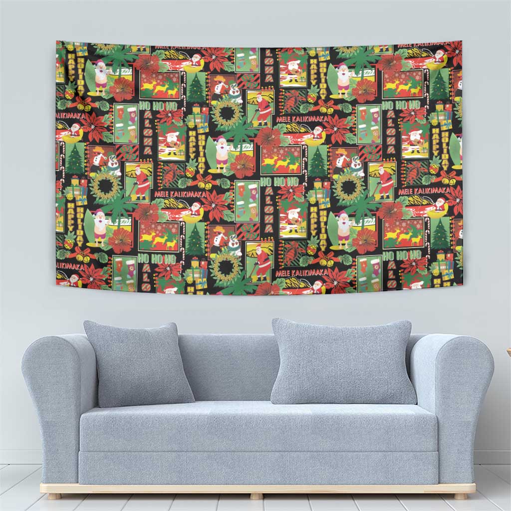 Hawaiian Santa Christmas Pattern Tapestry Black Version - Wonder Print Shop