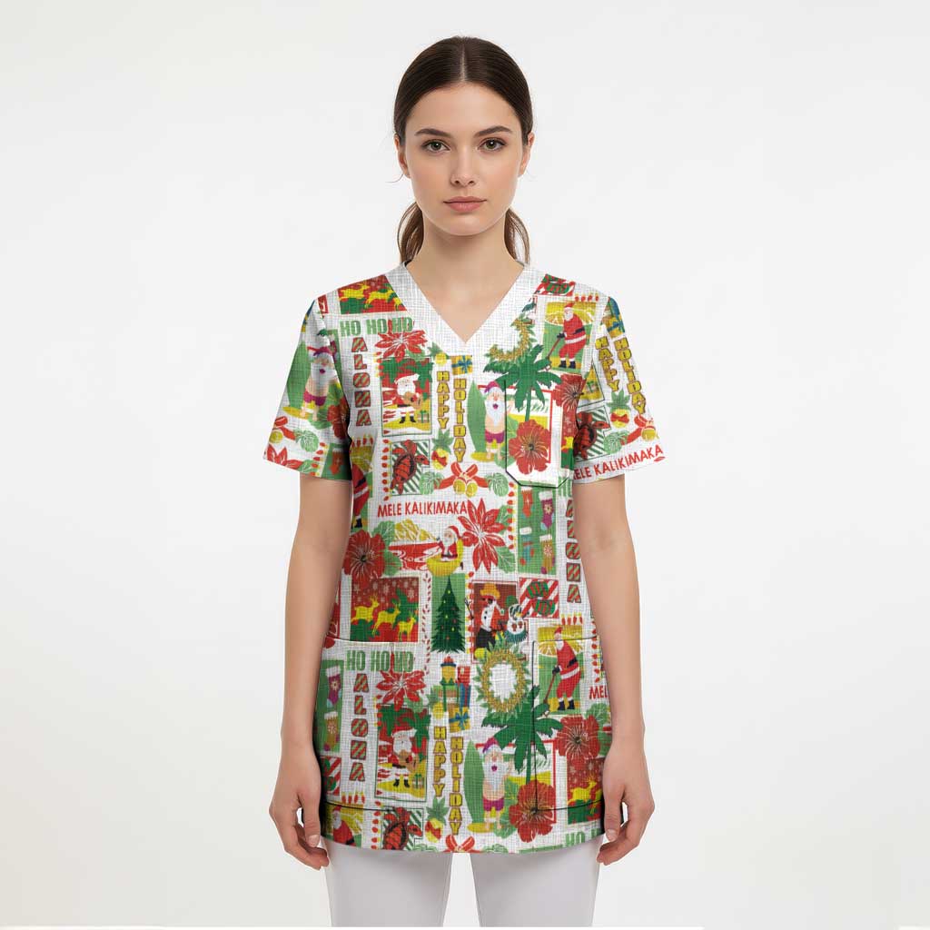 Hawaiian Santa Christmas Pattern Scrub Top White Version - Wonder Print Shop