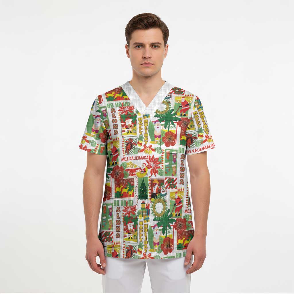 Hawaiian Santa Christmas Pattern Scrub Top White Version - Wonder Print Shop