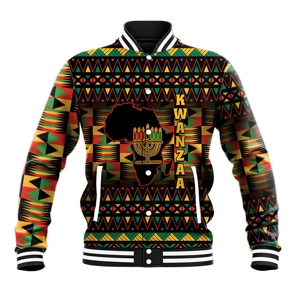 Unisex black baseball jacket with colorful geometric Kwanzaa kente-style pattern