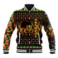Unisex black baseball jacket with colorful geometric Kwanzaa kente-style pattern