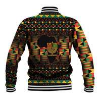 Unisex black baseball jacket, back view, colorful geometric Kwanzaa pattern