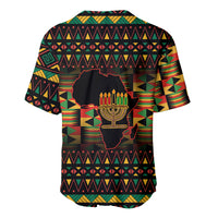 Black baseball jersey with African pattern and Kwanzaa menorah graphic, short sleeves