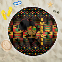 Round beach blanket with fringe edge, black African Kwanzaa pattern and menorah map design