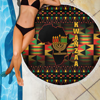 Round beach blanket with white fringe, black African Kwanzaa pattern and menorah map graphic