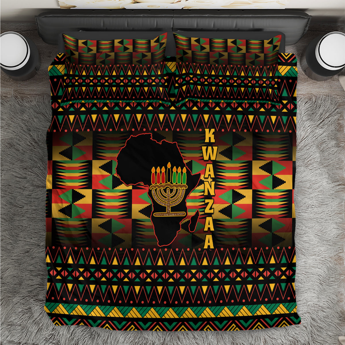 Kwanzaa bedding set, black base with geometric pattern and kinara candle graphic