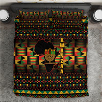 Kwanzaa bedding set, black base with geometric pattern and kinara candle graphic