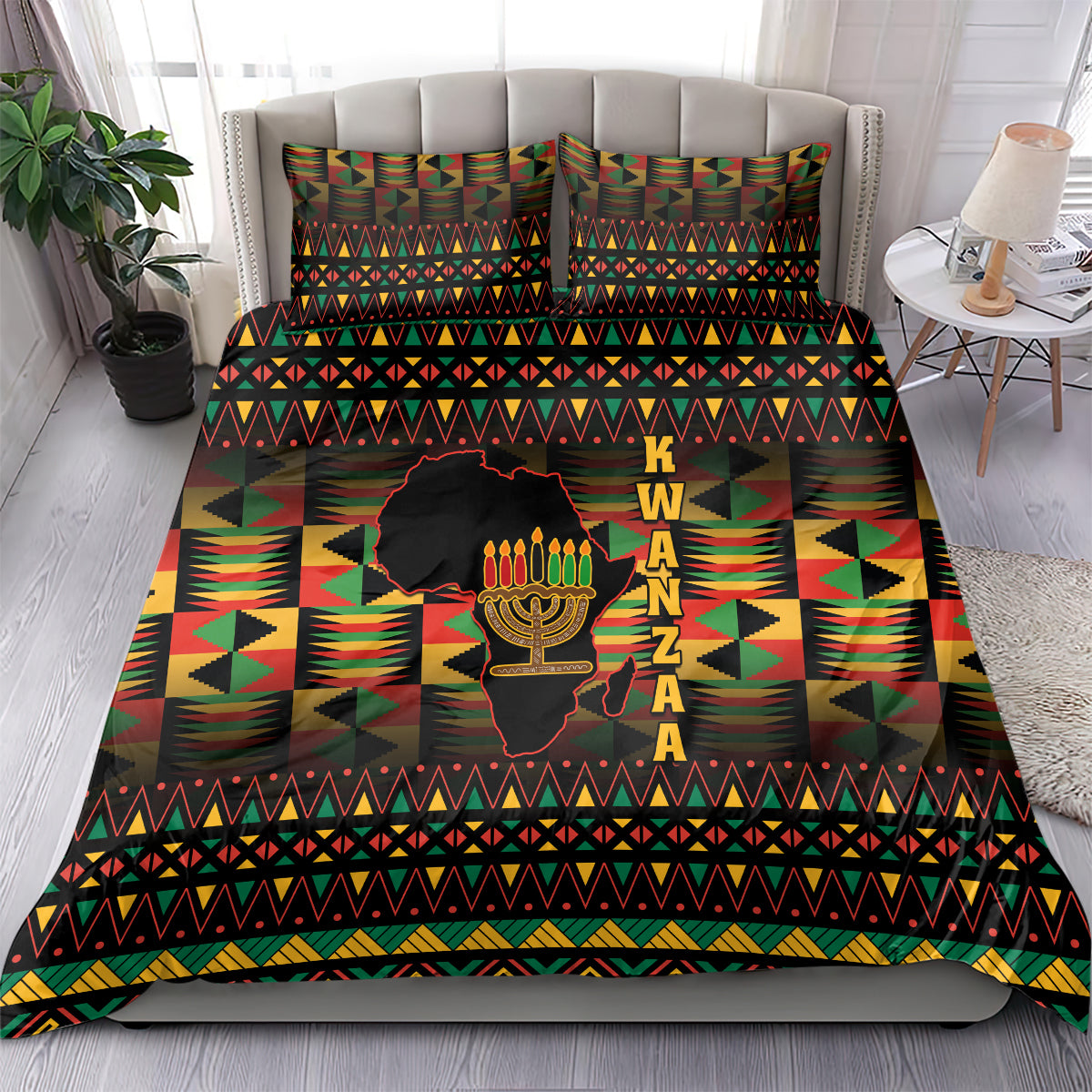 Kwanzaa bedding set on bed, black base with geometric stripes and kinara candle artwork