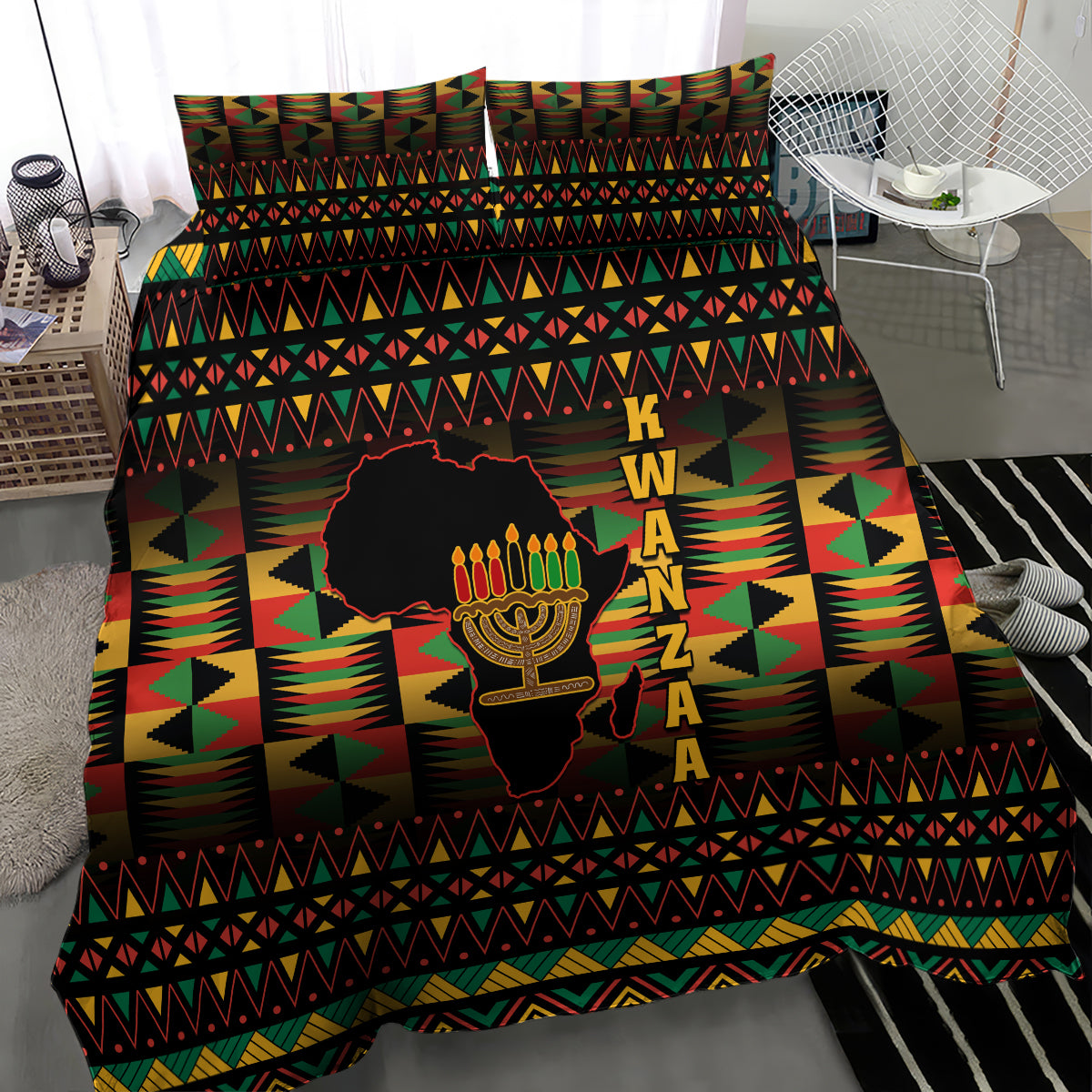 Kwanzaa bedding set corner view, black base with geometric pattern and kinara candle design