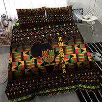 Kwanzaa bedding set corner view, black base with geometric pattern and kinara candle design