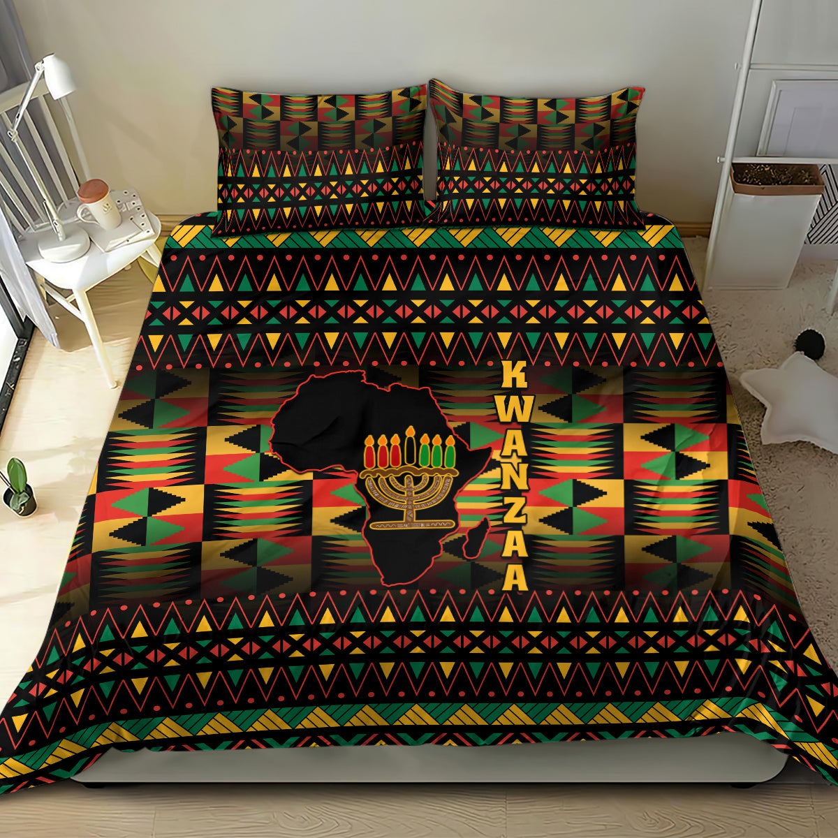 Kwanzaa bedding set with two pillowcases, black base with geometric pattern and kinara candles