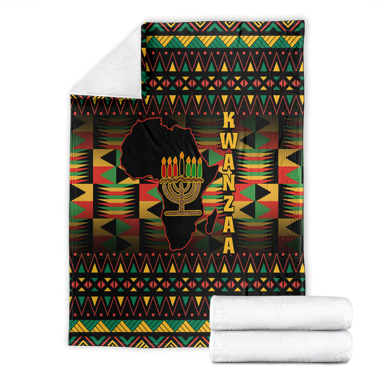 Folded Kwanzaa African throw blanket, black geometric pattern with kinara candle graphic
