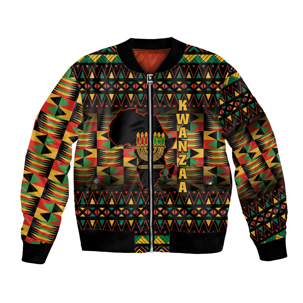 Unisex bomber jacket with black ribbed trim and colorful African pattern, front zipper