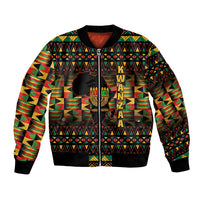 Unisex bomber jacket with black ribbed trim and colorful African pattern, front zipper
