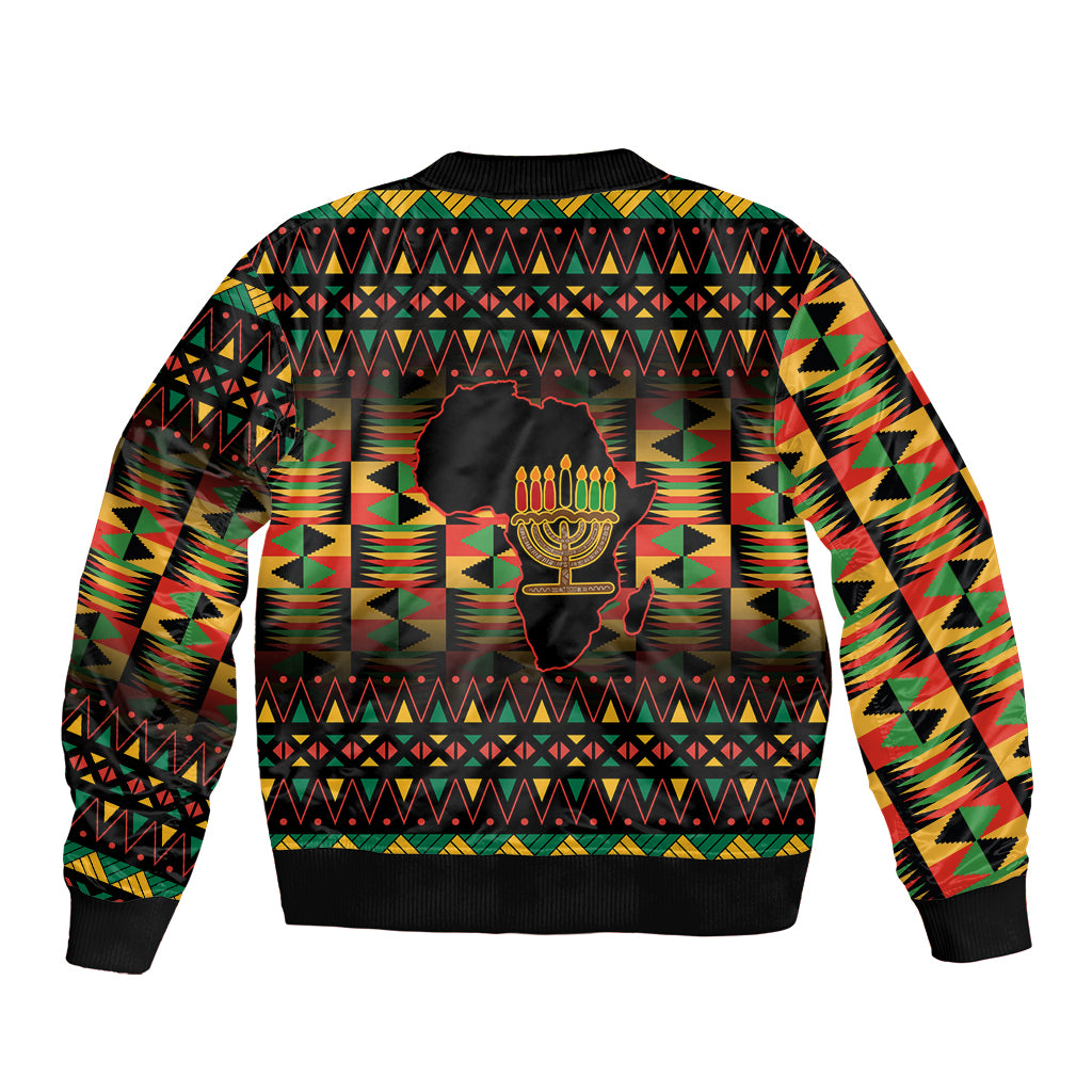 Unisex bomber jacket with black ribbed trim and African pattern, back kinara graphic