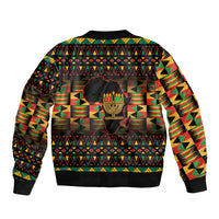 Unisex bomber jacket with black ribbed trim and African pattern, back kinara graphic