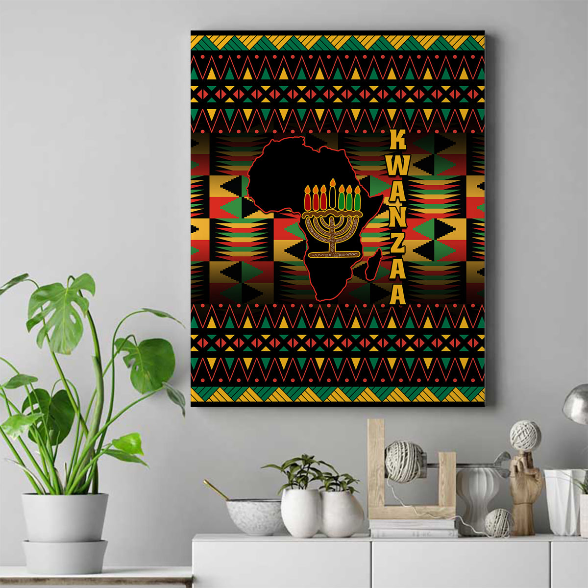 Kwanzaa Festival Canvas Wall Art Kinara Candles African Pattern - Wonder Print Shop