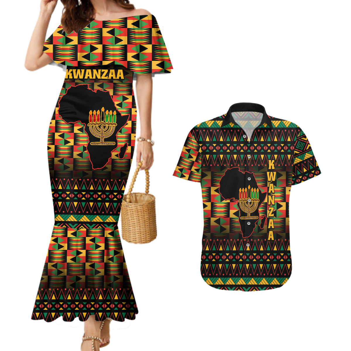 Kwanzaa Festival Couples Matching Mermaid Dress and Hawaiian Shirt Kinara Candles African Pattern - Wonder Print Shop