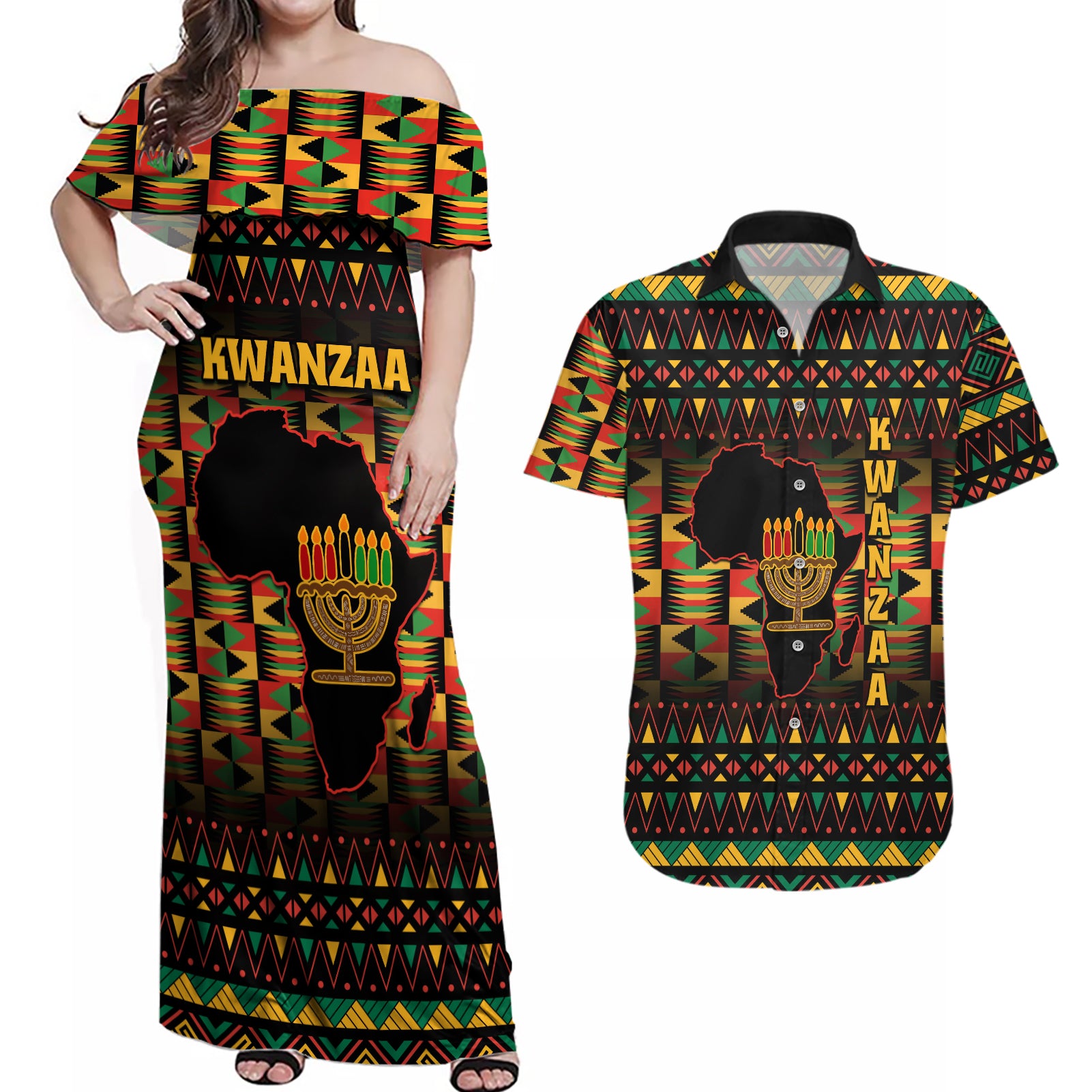 Kwanzaa Festival Couples Matching Off Shoulder Maxi Dress and Hawaiian Shirt Kinara Candles African Pattern - Wonder Print Shop