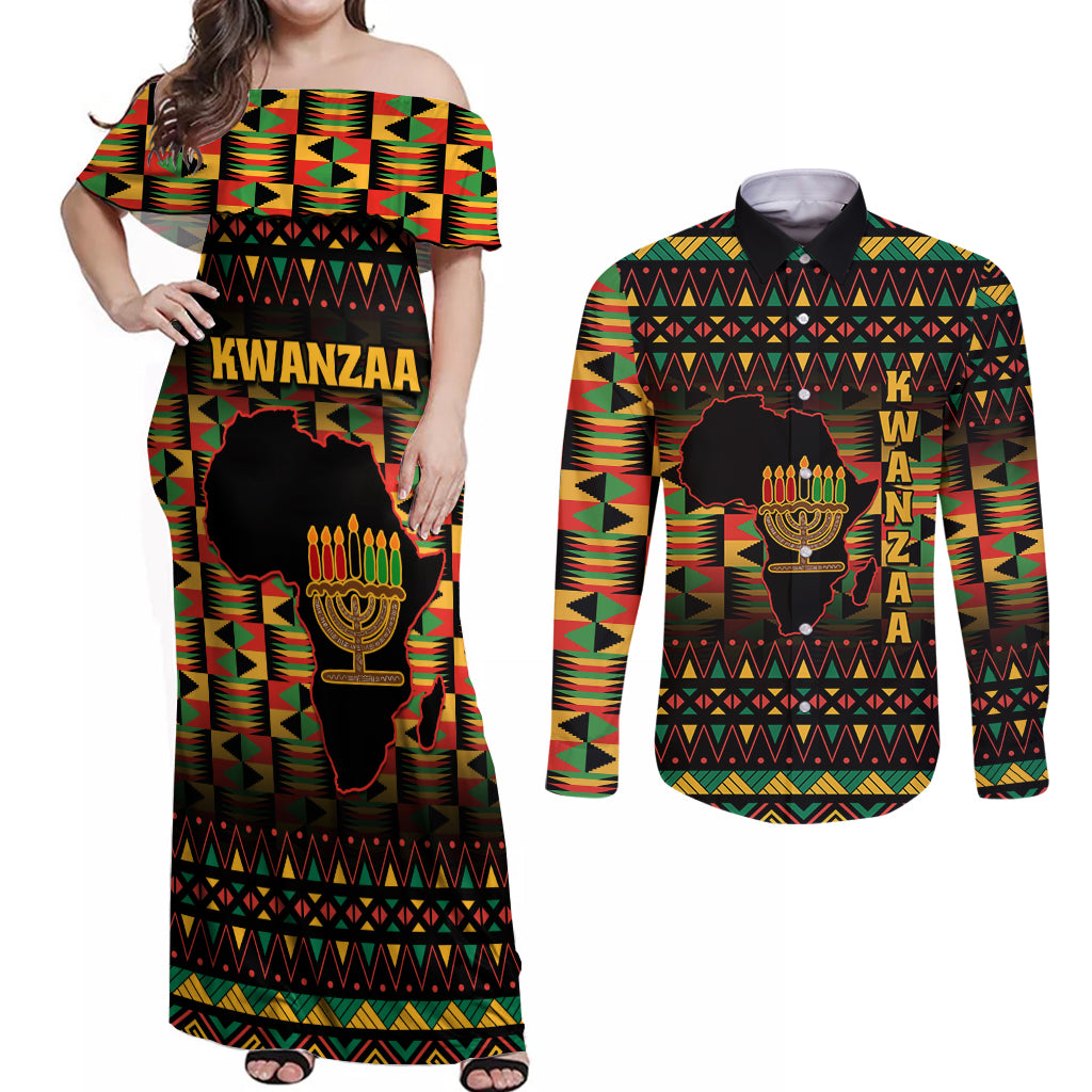 Kwanzaa Festival Couples Matching Off Shoulder Maxi Dress and Long Sleeve Button Shirt Kinara Candles African Pattern - Wonder Print Shop