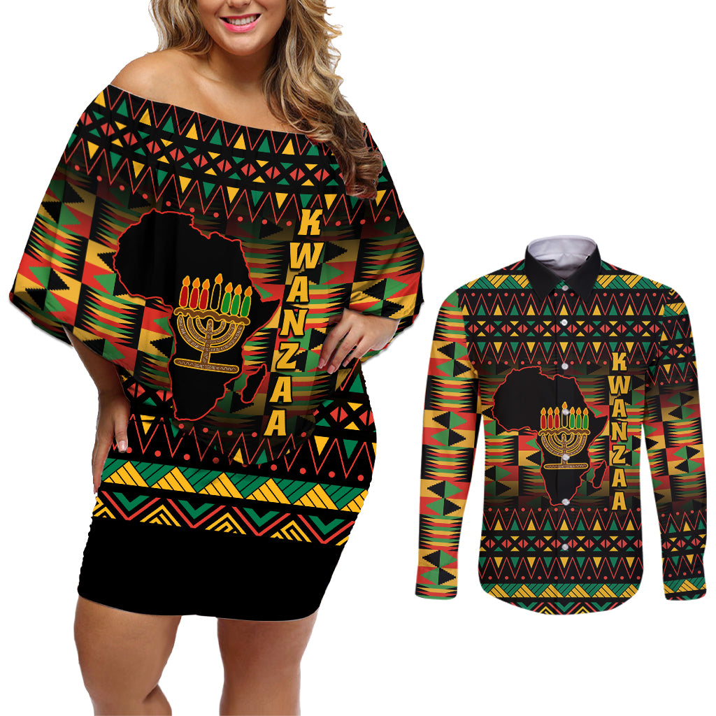 Kwanzaa Festival Couples Matching Off Shoulder Short Dress and Long Sleeve Button Shirt Kinara Candles African Pattern - Wonder Print Shop