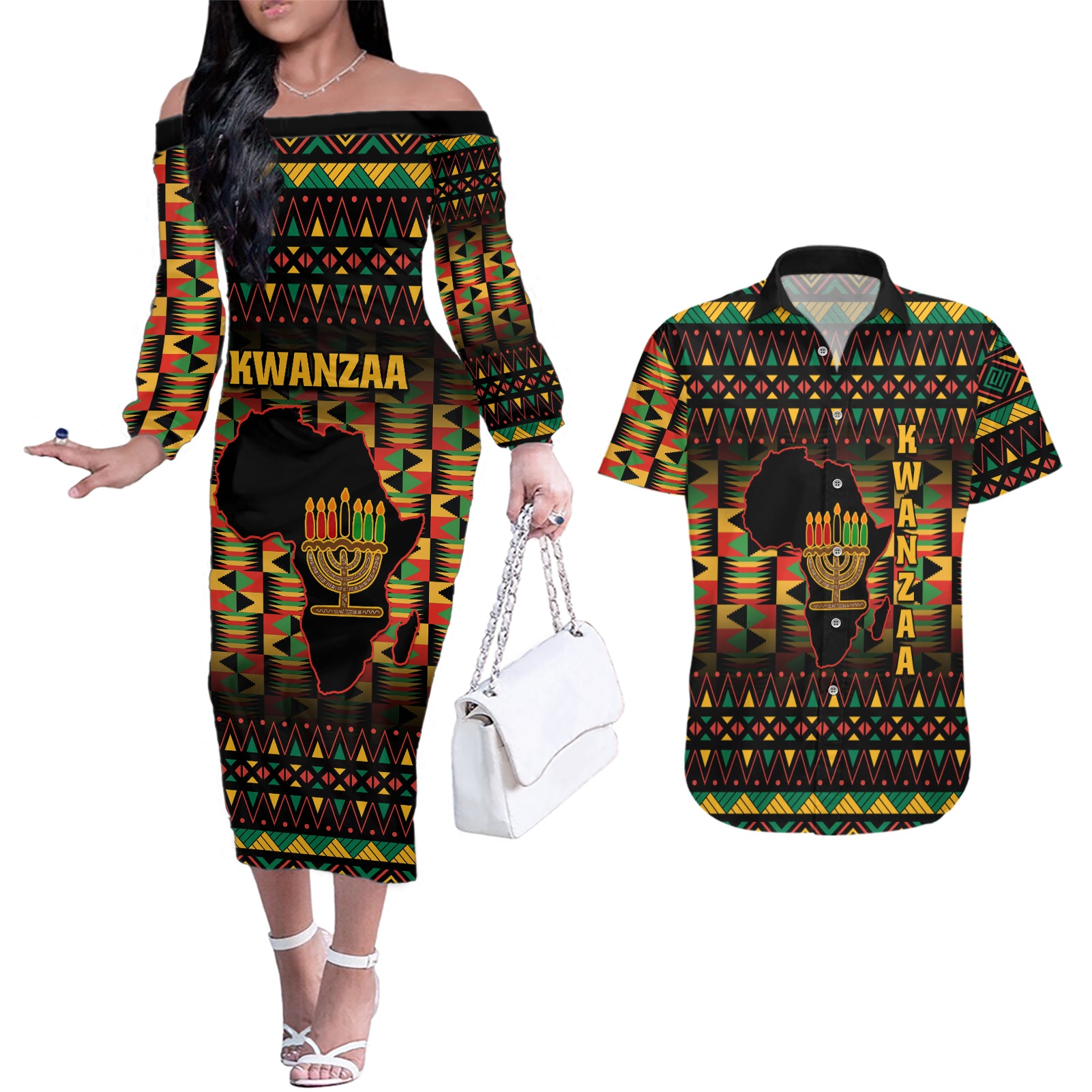 Kwanzaa Festival Couples Matching Off The Shoulder Long Sleeve Dress and Hawaiian Shirt Kinara Candles African Pattern - Wonder Print Shop