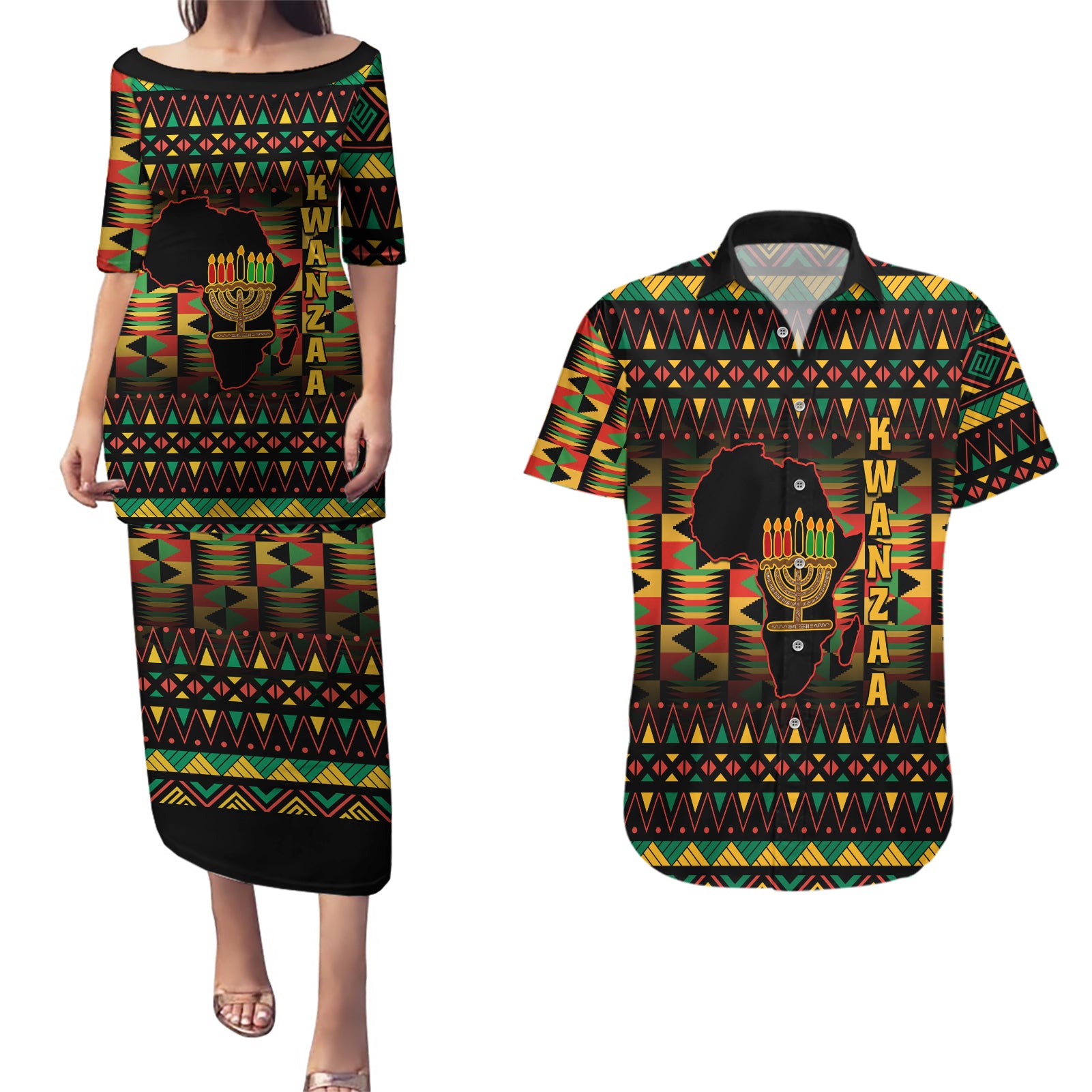 Kwanzaa Festival Couples Matching Puletasi Dress and Hawaiian Shirt Kinara Candles African Pattern - Wonder Print Shop