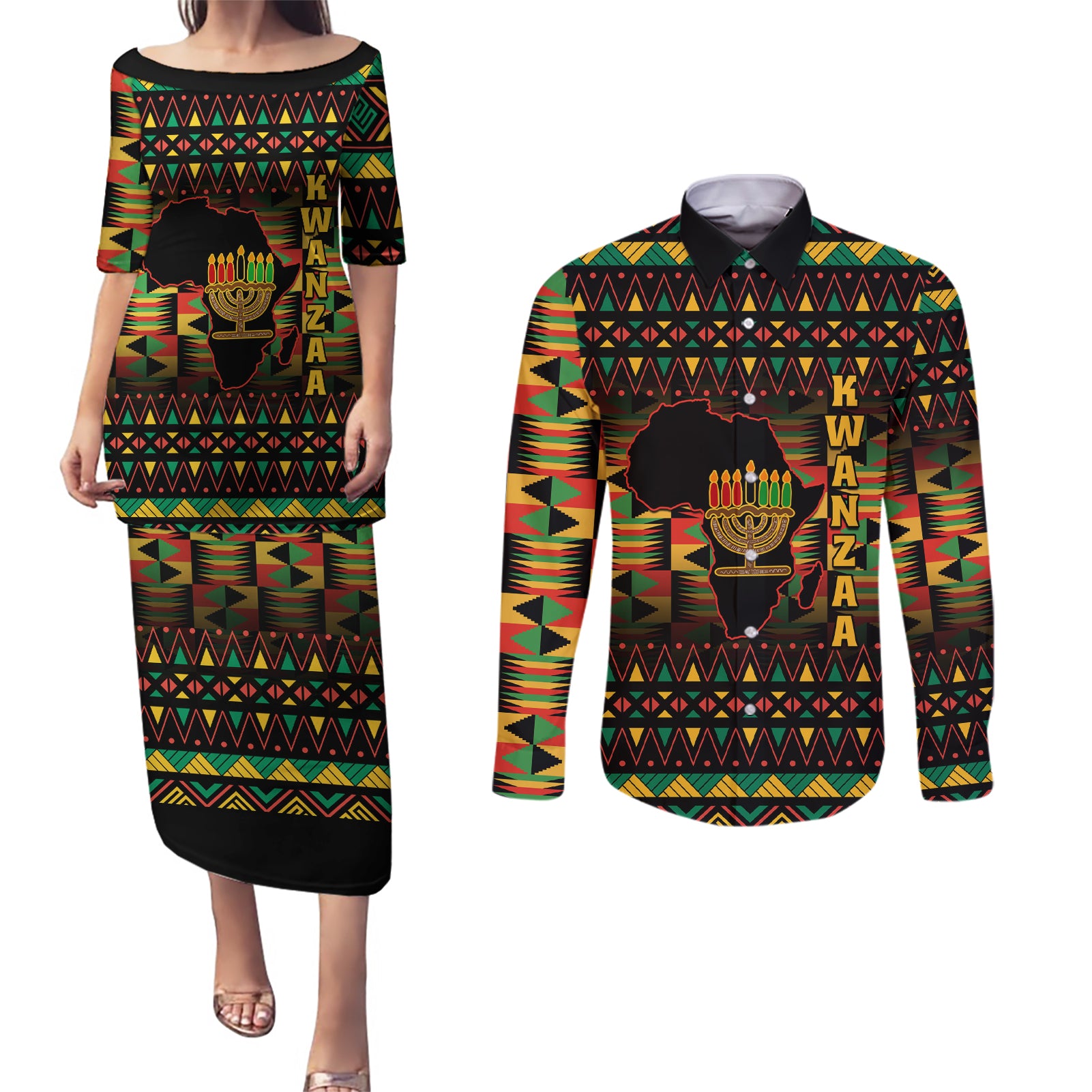 Kwanzaa Festival Couples Matching Puletasi Dress and Long Sleeve Button Shirt Kinara Candles African Pattern - Wonder Print Shop