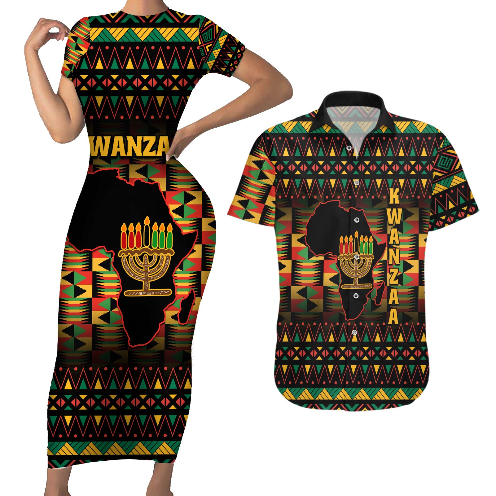 Kwanzaa Festival Couples Matching Short Sleeve Bodycon Dress and Hawaiian Shirt Kinara Candles African Pattern - Wonder Print Shop