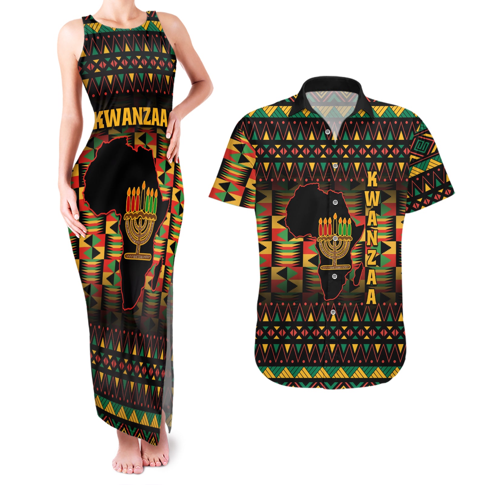 Kwanzaa Festival Couples Matching Tank Maxi Dress and Hawaiian Shirt Kinara Candles African Pattern - Wonder Print Shop