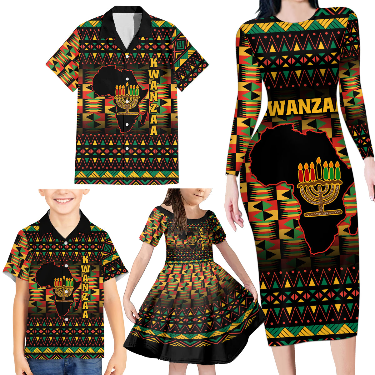 Kwanzaa Festival Family Matching Long Sleeve Bodycon Dress and Hawaiian Shirt Kinara Candles African Pattern - Wonder Print Shop