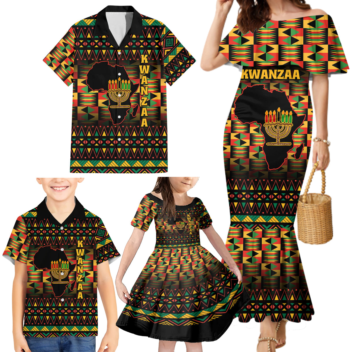 Kwanzaa Festival Family Matching Mermaid Dress and Hawaiian Shirt Kinara Candles African Pattern - Wonder Print Shop