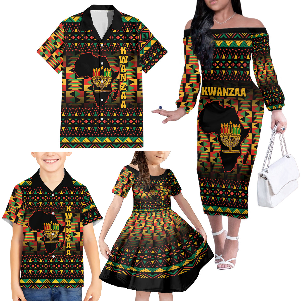 Kwanzaa Festival Family Matching Off Shoulder Long Sleeve Dress and Hawaiian Shirt Kinara Candles African Pattern - Wonder Print Shop