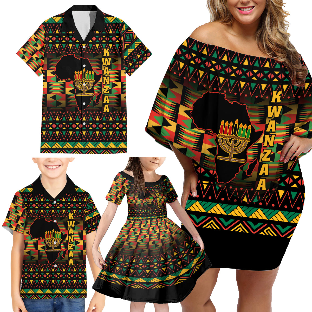 Kwanzaa Festival Family Matching Off Shoulder Short Dress and Hawaiian Shirt Kinara Candles African Pattern - Wonder Print Shop