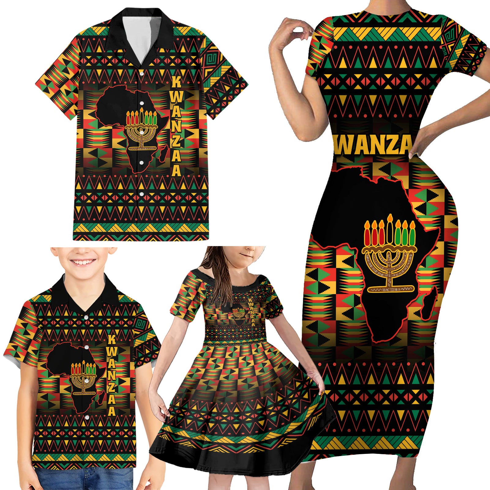 Kwanzaa Festival Family Matching Short Sleeve Bodycon Dress and Hawaiian Shirt Kinara Candles African Pattern - Wonder Print Shop