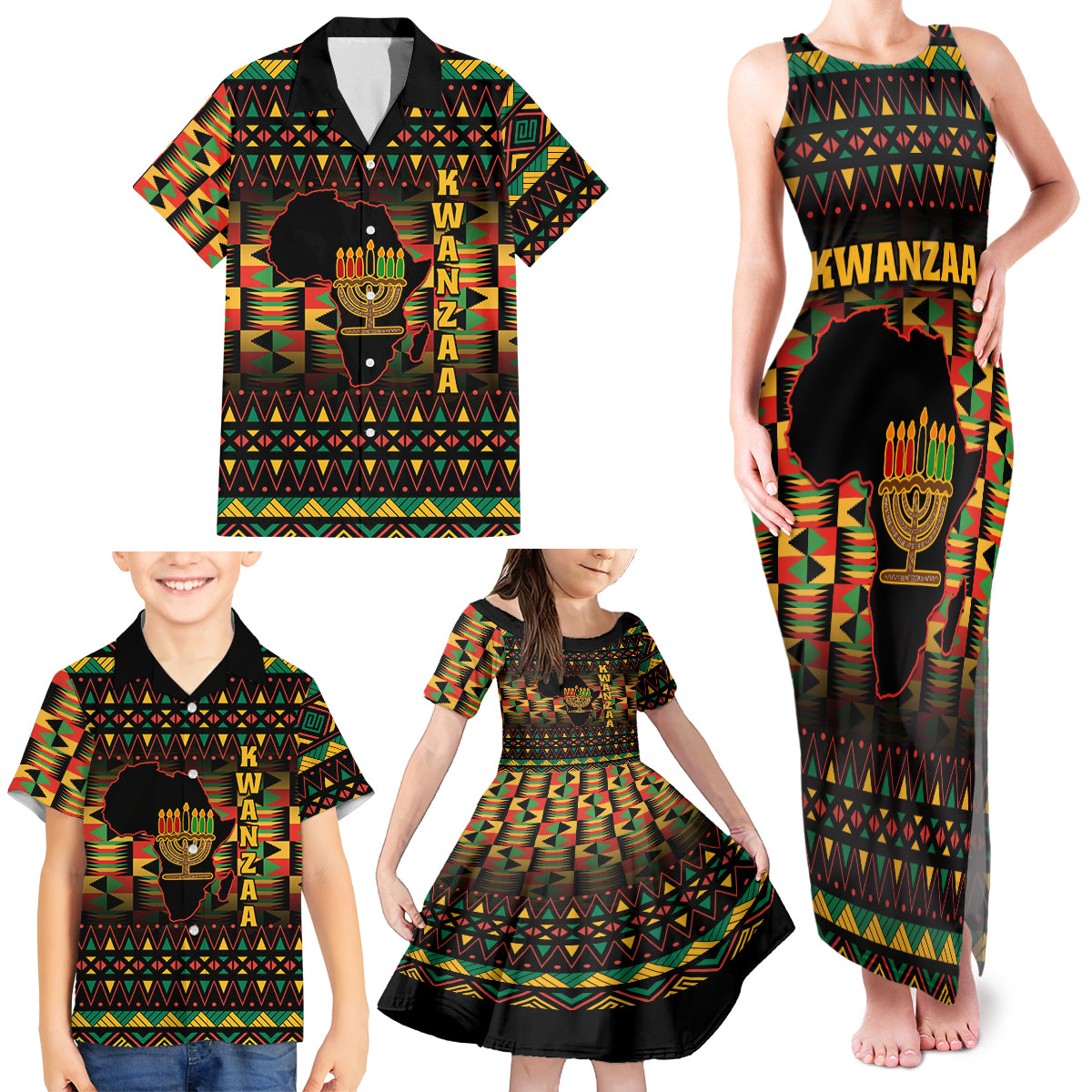 Kwanzaa Festival Family Matching Tank Maxi Dress and Hawaiian Shirt Kinara Candles African Pattern - Wonder Print Shop