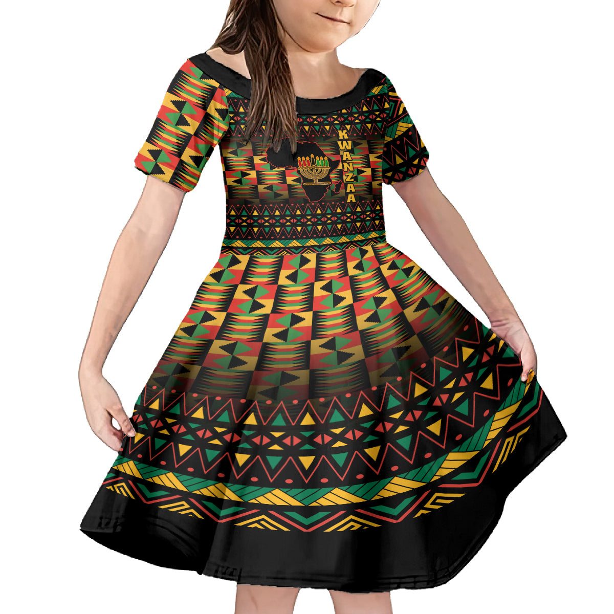 Kwanzaa Festival Kid Short Sleeve Dress Kinara Candles African Pattern - Wonder Print Shop