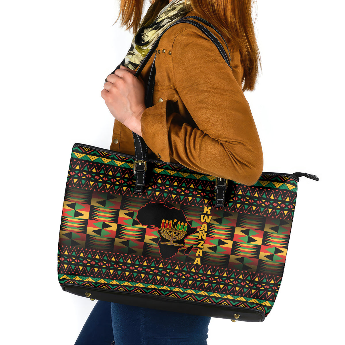 Kwanzaa Festival Leather Tote Bag Kinara Candles African Pattern - Wonder Print Shop