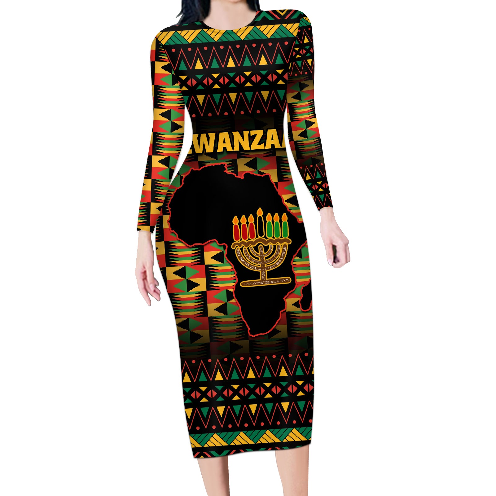 Kwanzaa Festival Long Sleeve Bodycon Dress Kinara Candles African Pattern - Wonder Print Shop