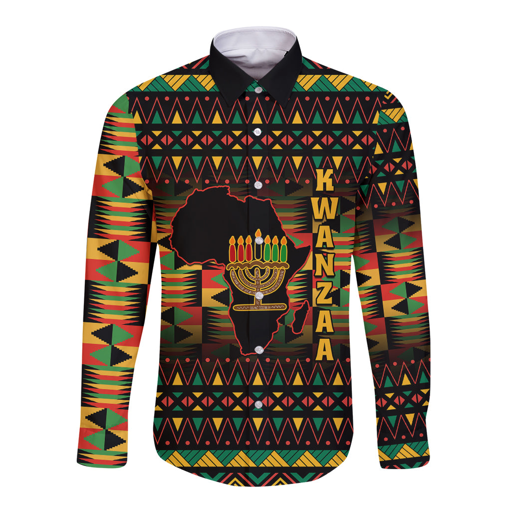 Unisex long-sleeve button shirt, black African pattern with candle holder and candles graphic