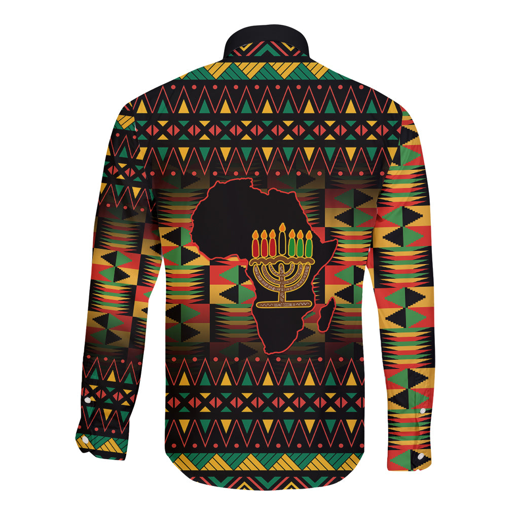 Unisex long-sleeve button shirt back, black African pattern with candle holder center