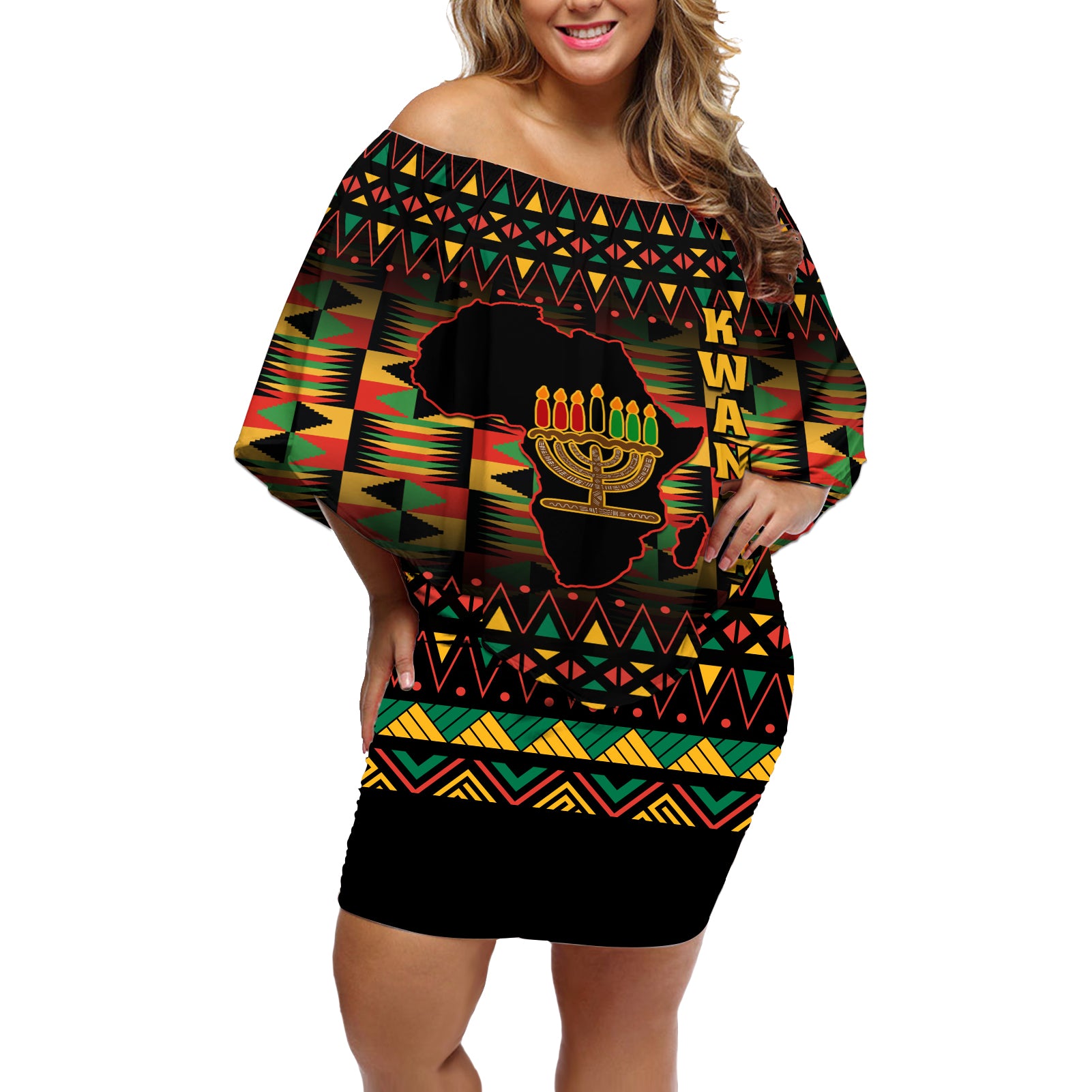 Kwanzaa Festival Off Shoulder Short Dress Kinara Candles African Pattern - Wonder Print Shop