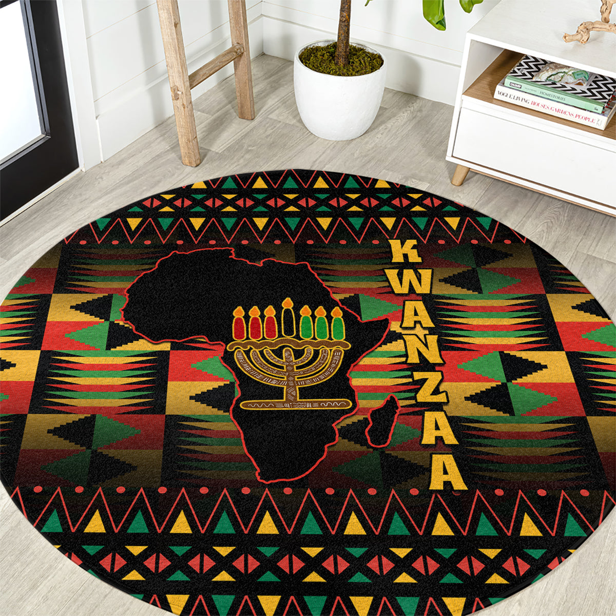 Round black African pattern rug with menorah, silhouette, and Kwanzaa letters