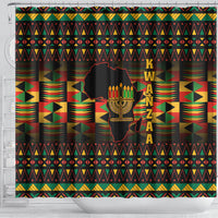 Kwanzaa shower curtain with bold multicolor border patterns and black menorah with letters