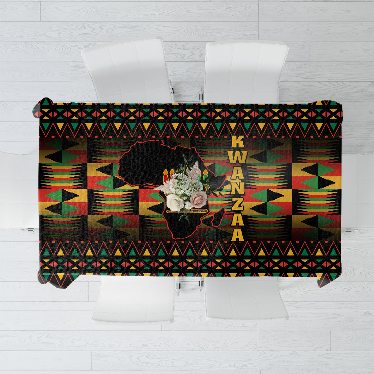 Kwanzaa festival tablecloth, black with colorful African geometric pattern and central Kwanzaa text.