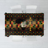 Kwanzaa festival tablecloth, black with colorful African geometric pattern and central Kwanzaa text.