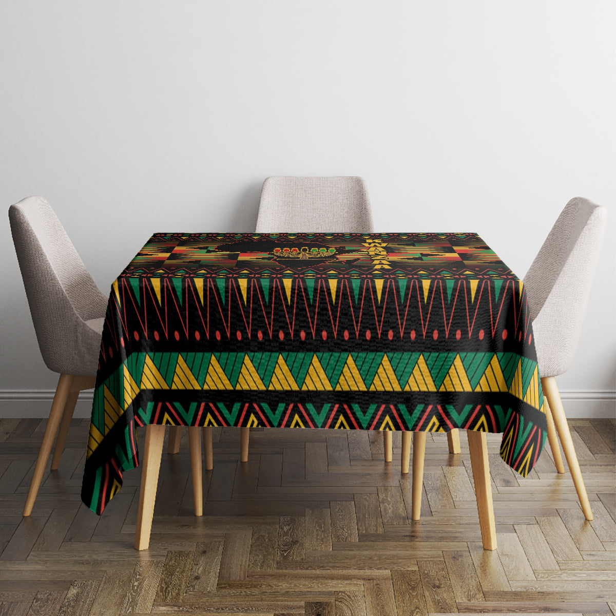 Kwanzaa festival tablecloth, black geometric bands and vibrant triangles, rectangular fit on table.