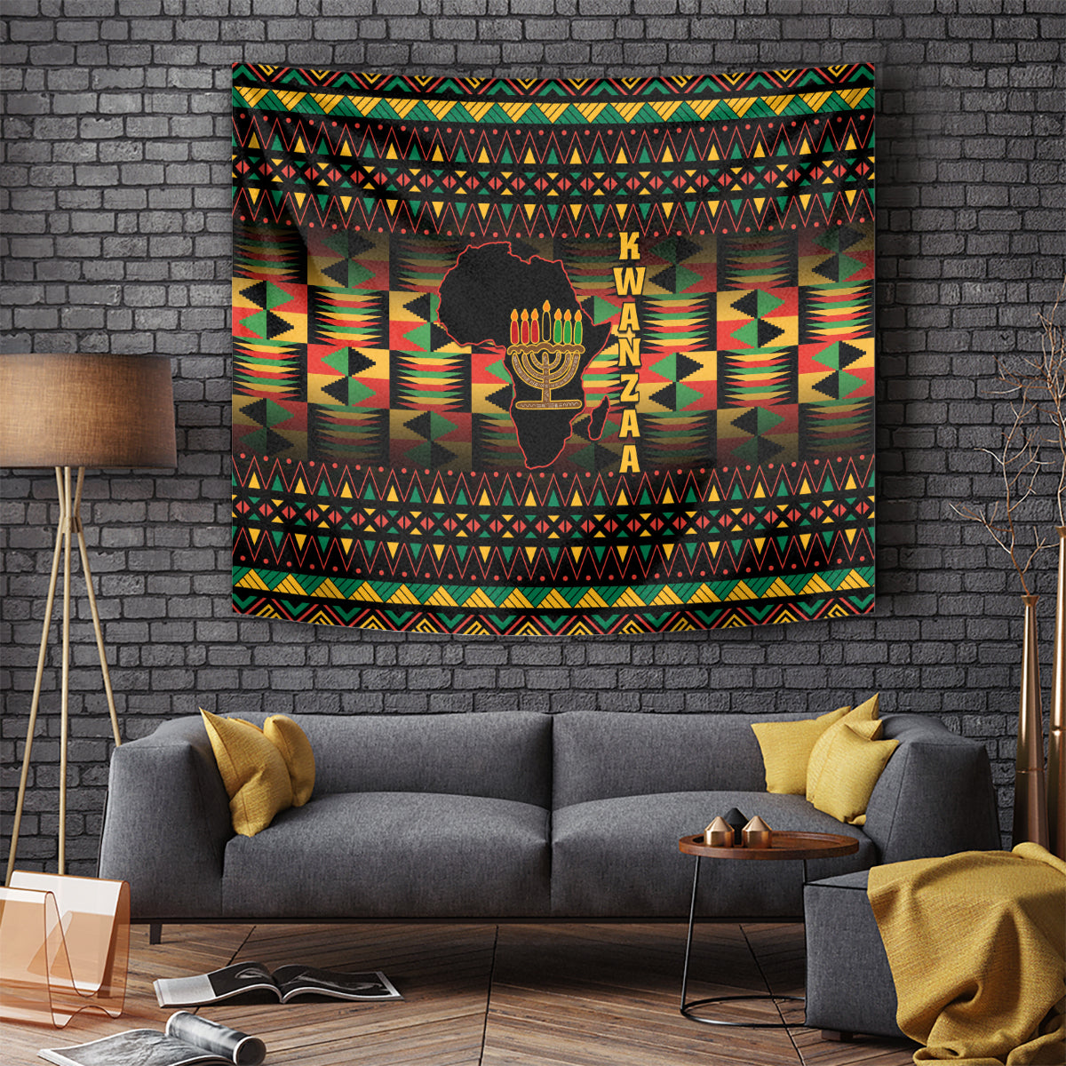 Kwanzaa tapestry with kinara candle silhouette and colorful African geometric border